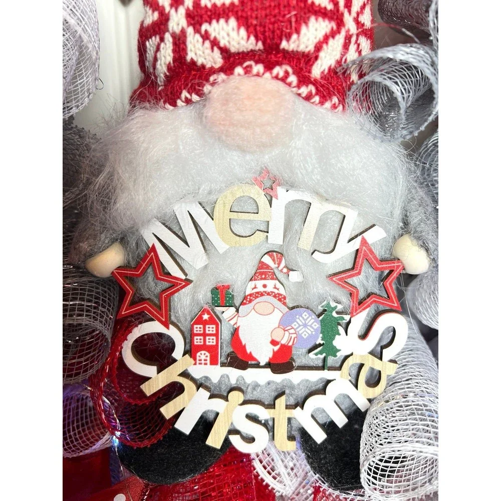 Handmade Christmas Gnome Holiday Ribbon Door Wreath 22 ins LED W39